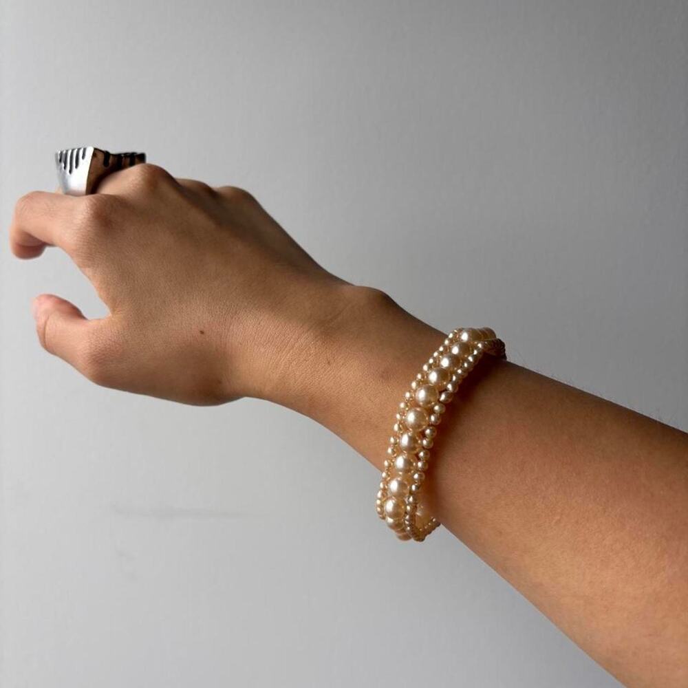 VTG Three Strand Faux Pearl Bracelet Gold Tone Clasp Statement Bridal Jewelry